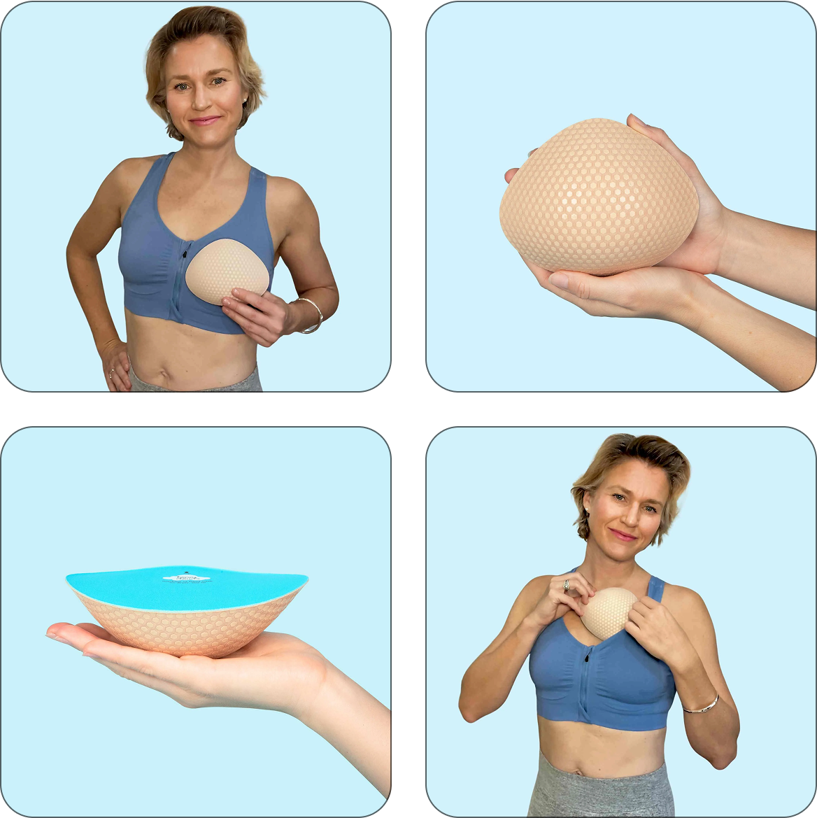 Women demonstrating Honeycloudz Half Moon bra pad inserts in different colors and styles, including sports bras and swimsuits