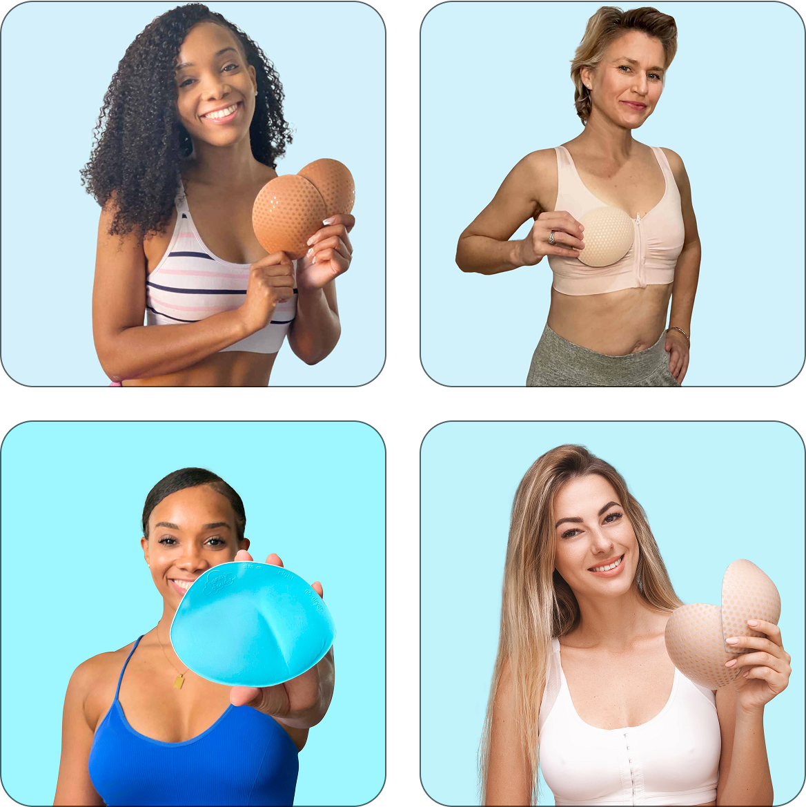 Women demonstrating Honeycloudz Half Moon bra pad inserts in different colors and styles, including sports bras and swimsuits