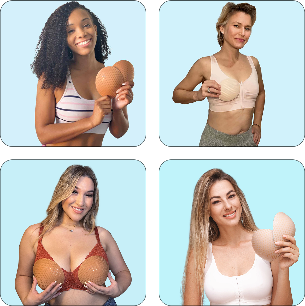 Women demonstrating Honeycloudz Half Moon bra pad inserts in different colors and styles, including sports bras and swimsuits