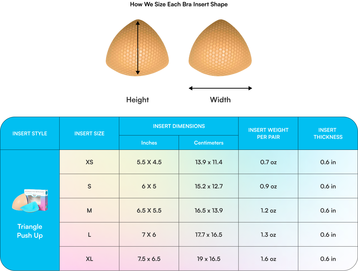 Triangle Push-Up Bra Inserts insert dimensions