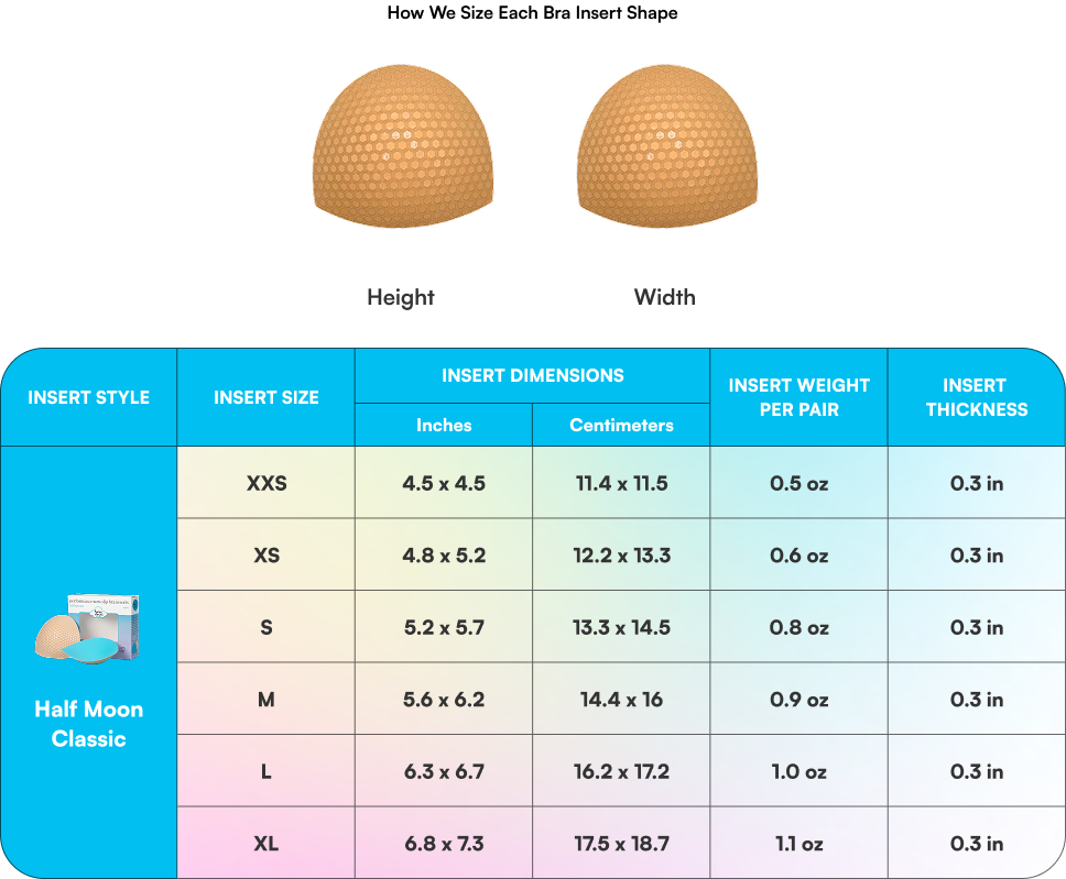 Half Moon Classic Bra Inserts insert dimensions