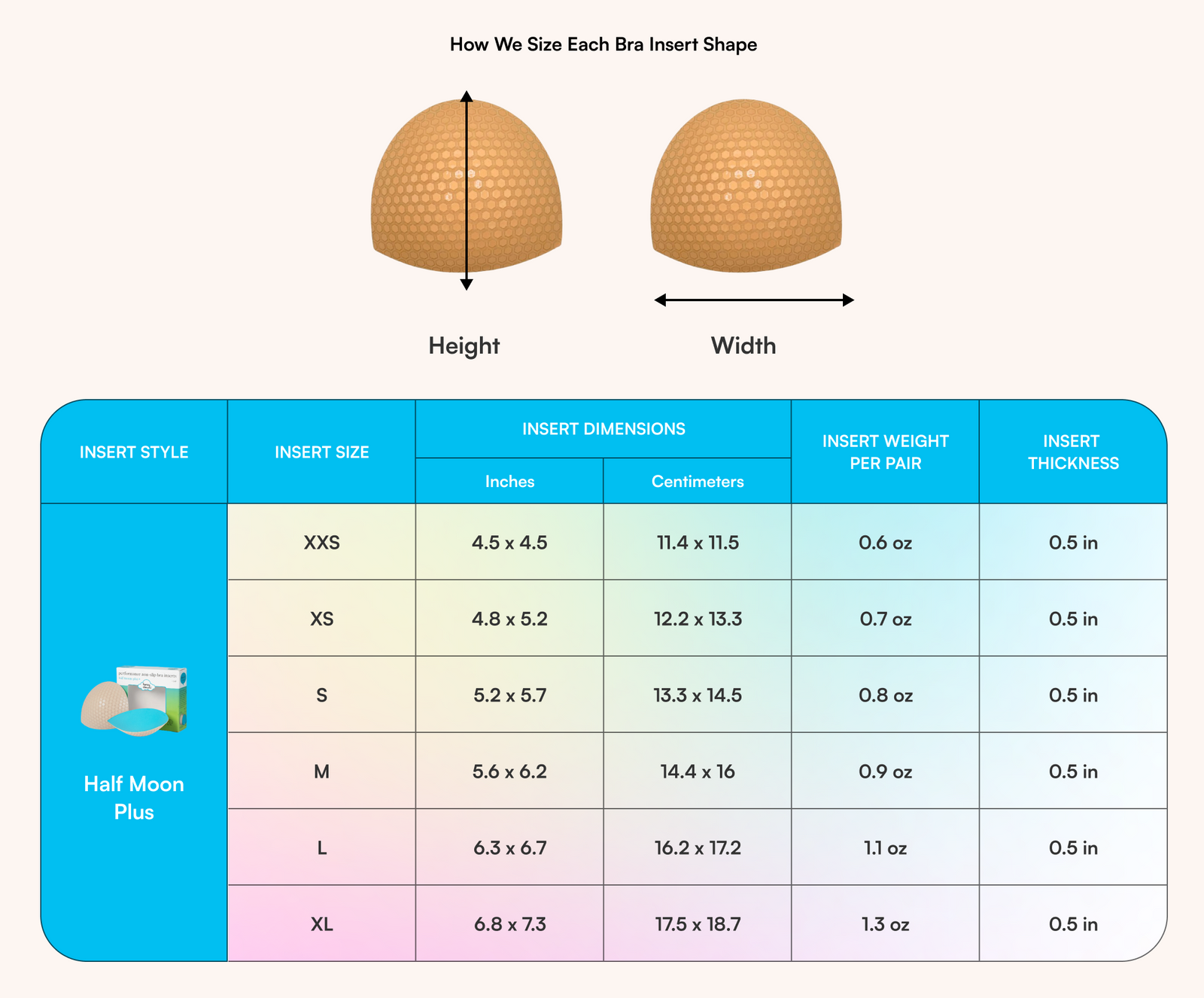 Half Moon Plus+ Bra Inserts insert dimensions