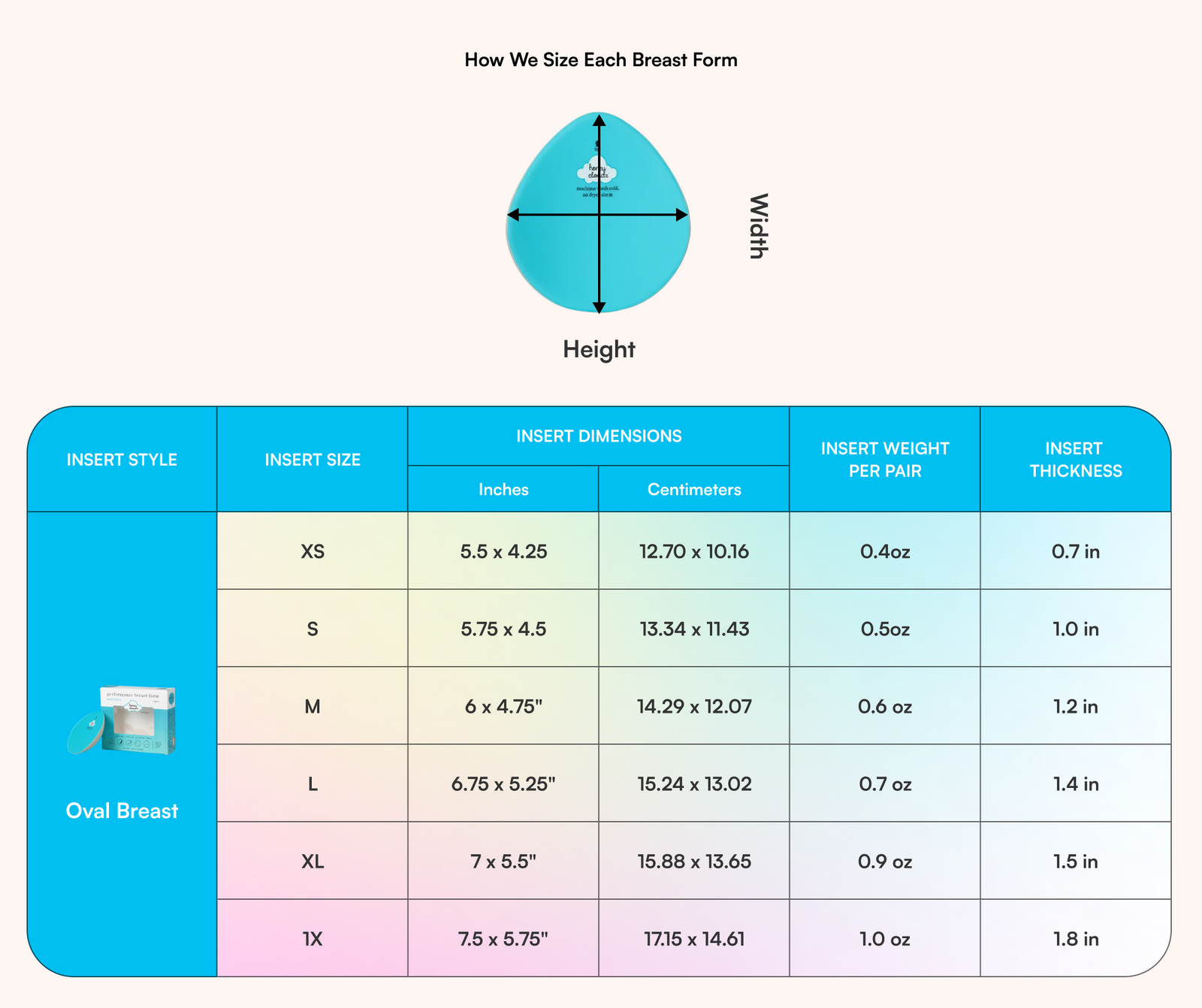 Oval Breast Form (Single) Post-Mastectomy insert dimensions