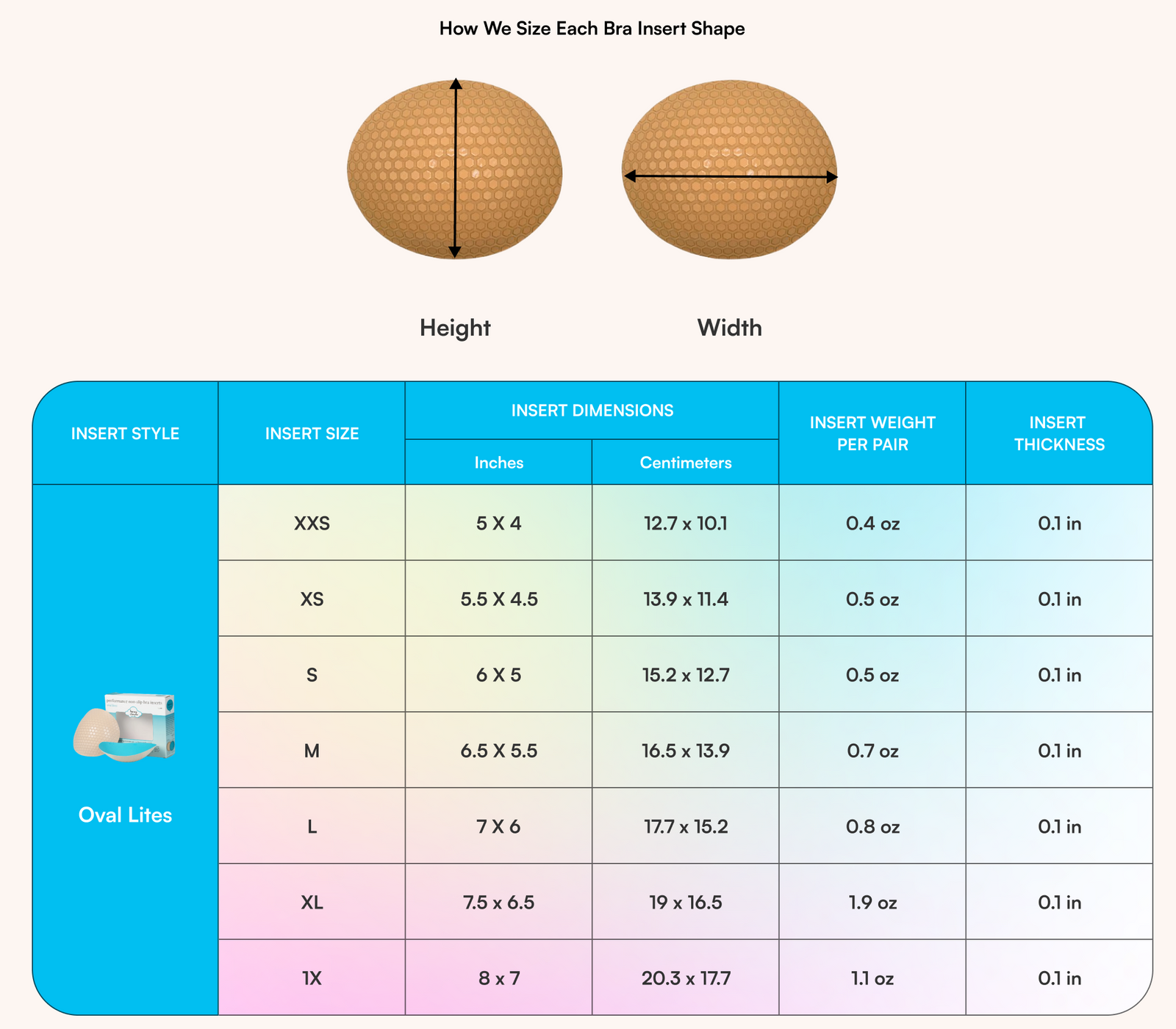 Oval Lites Bra Inserts insert dimensions
