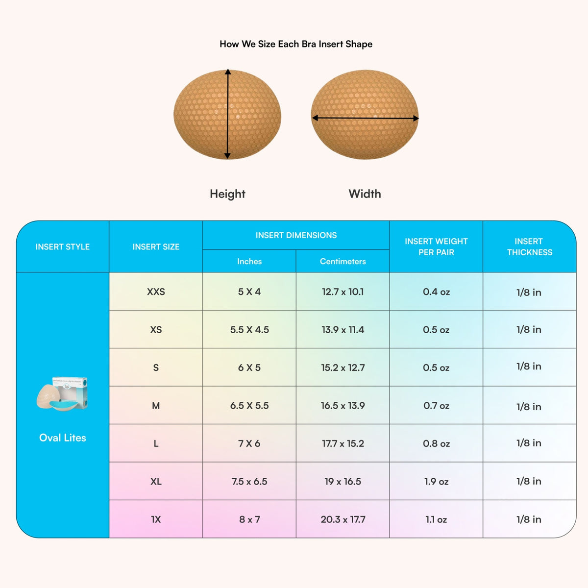 Oval Lites (Nipple Covers) Bra Inserts insert dimensions