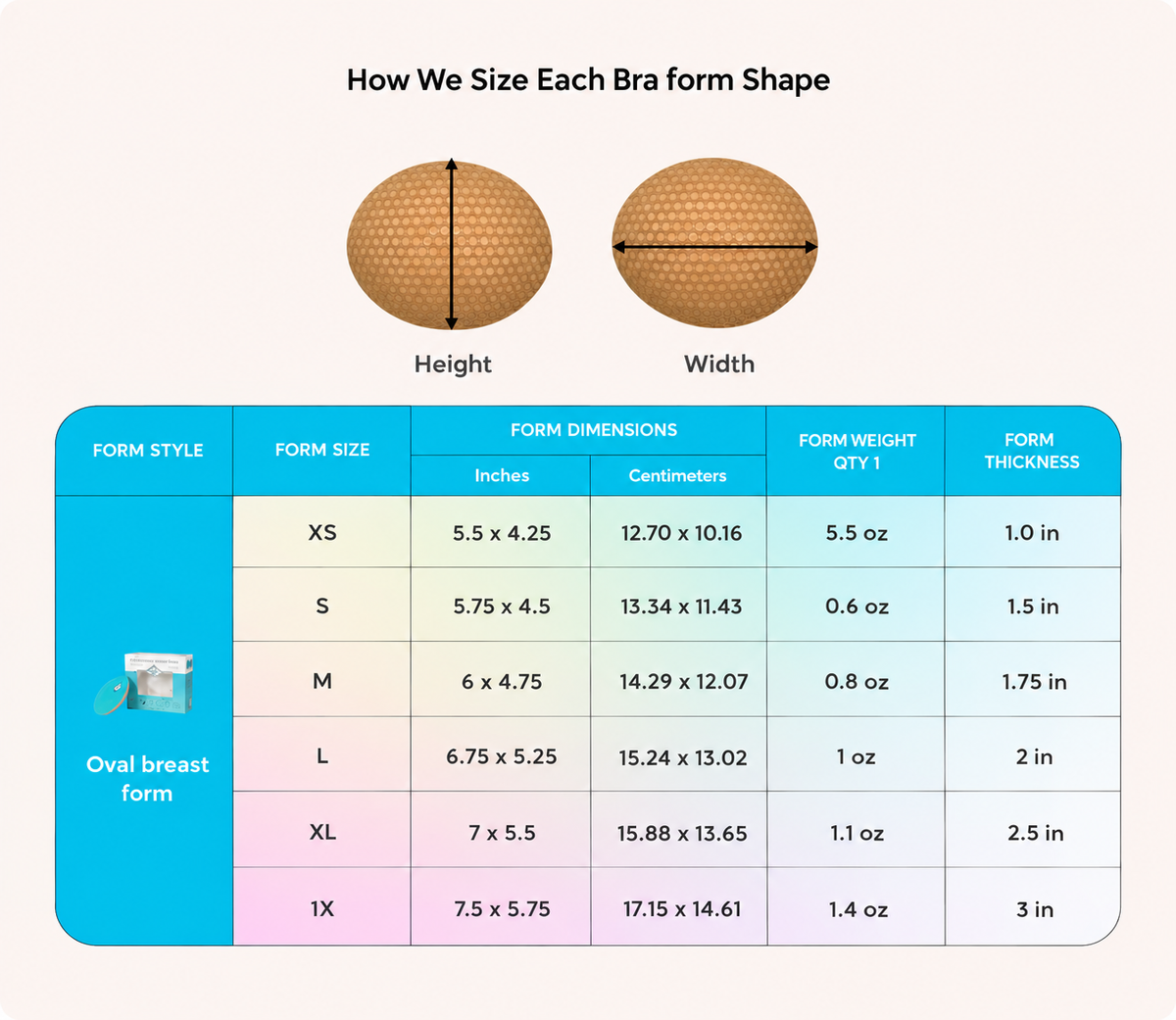 Oval Breast Form (Single) Post-Mastectomy insert dimensions