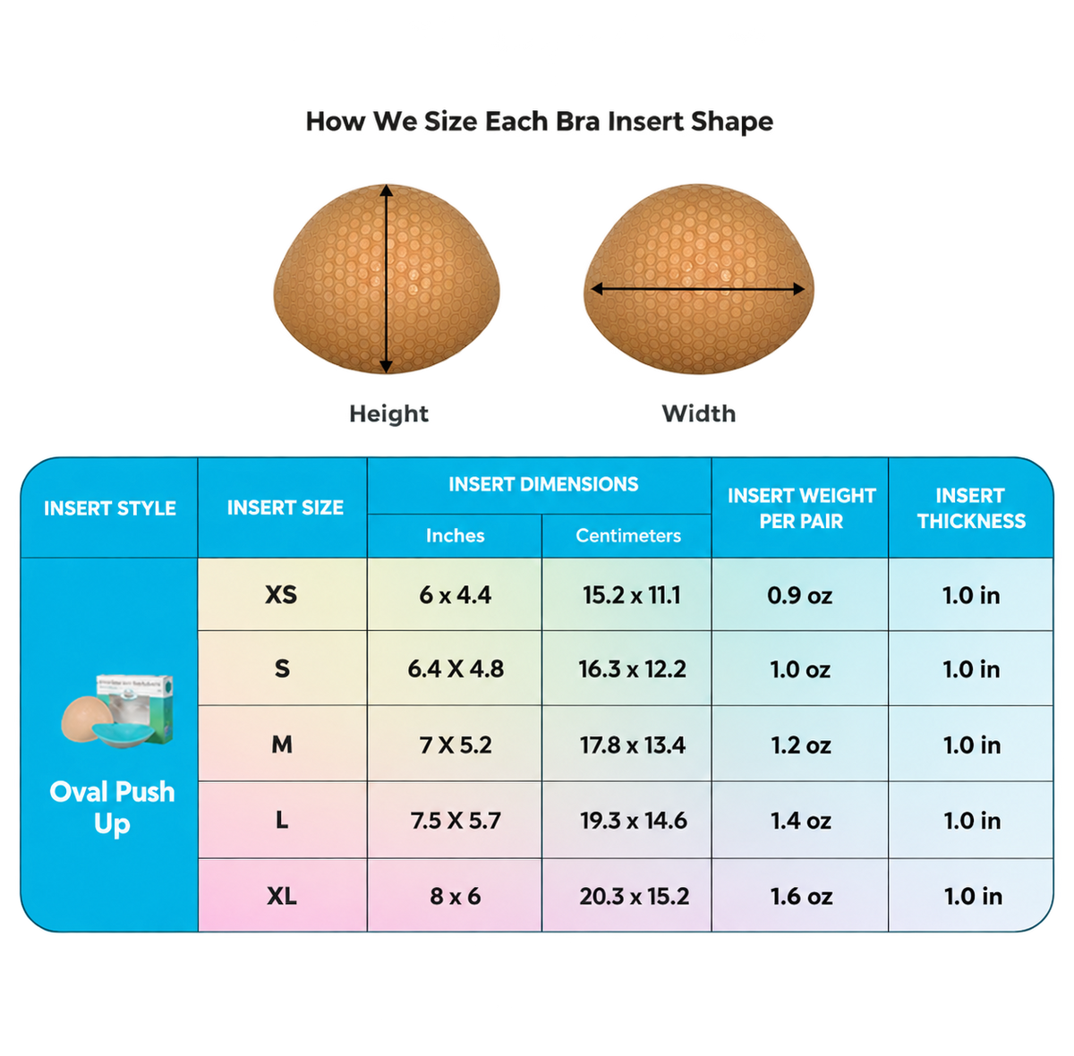 Oval Push-Up Bra Inserts insert dimensions