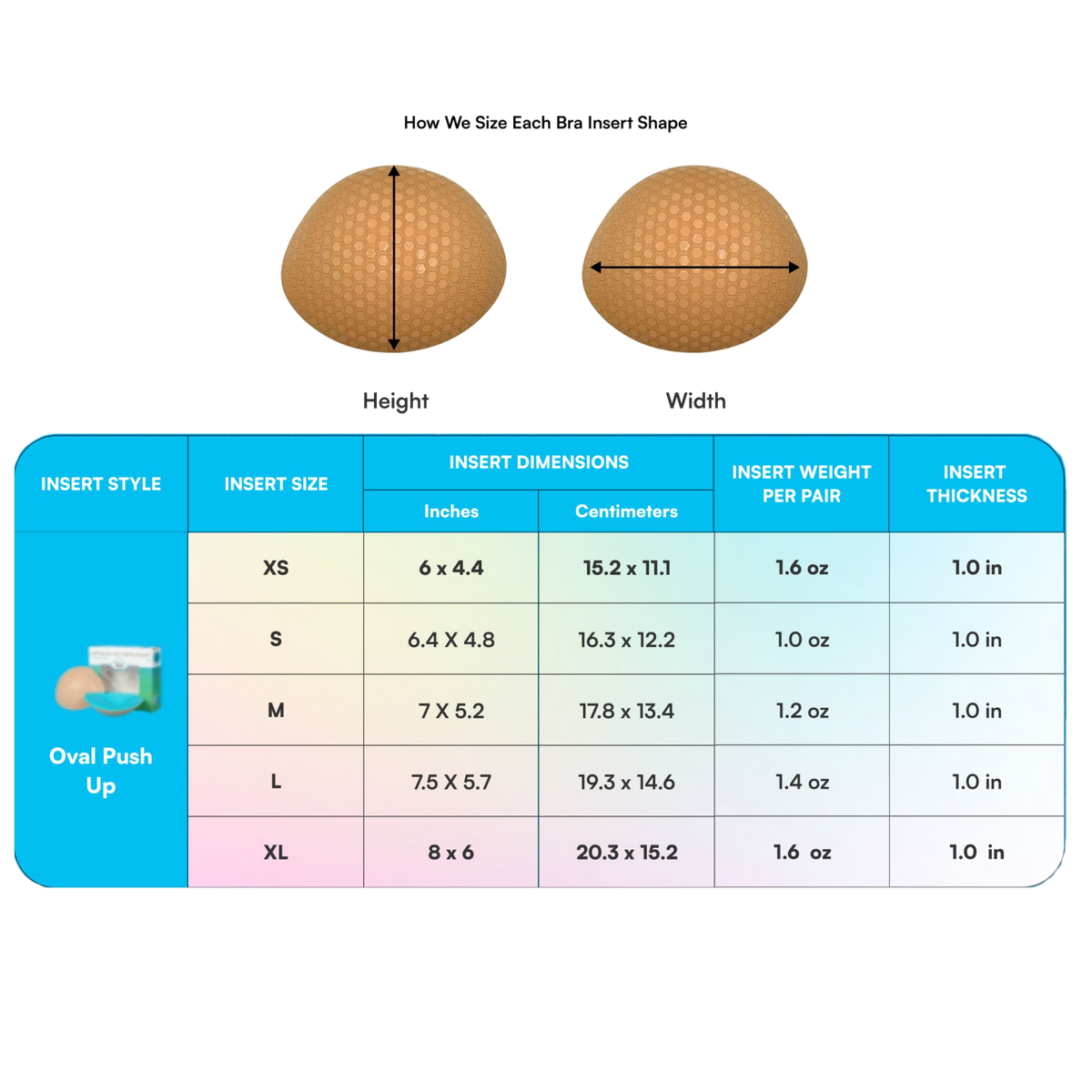 Oval Push-Up Bra Inserts insert dimensions