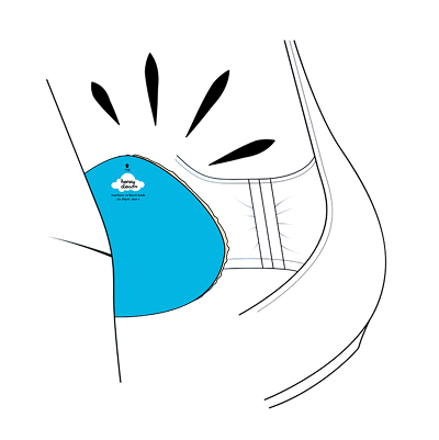 Illustration showing Honeycloudz bra pad with grippy side facing out for secure all-day hold.