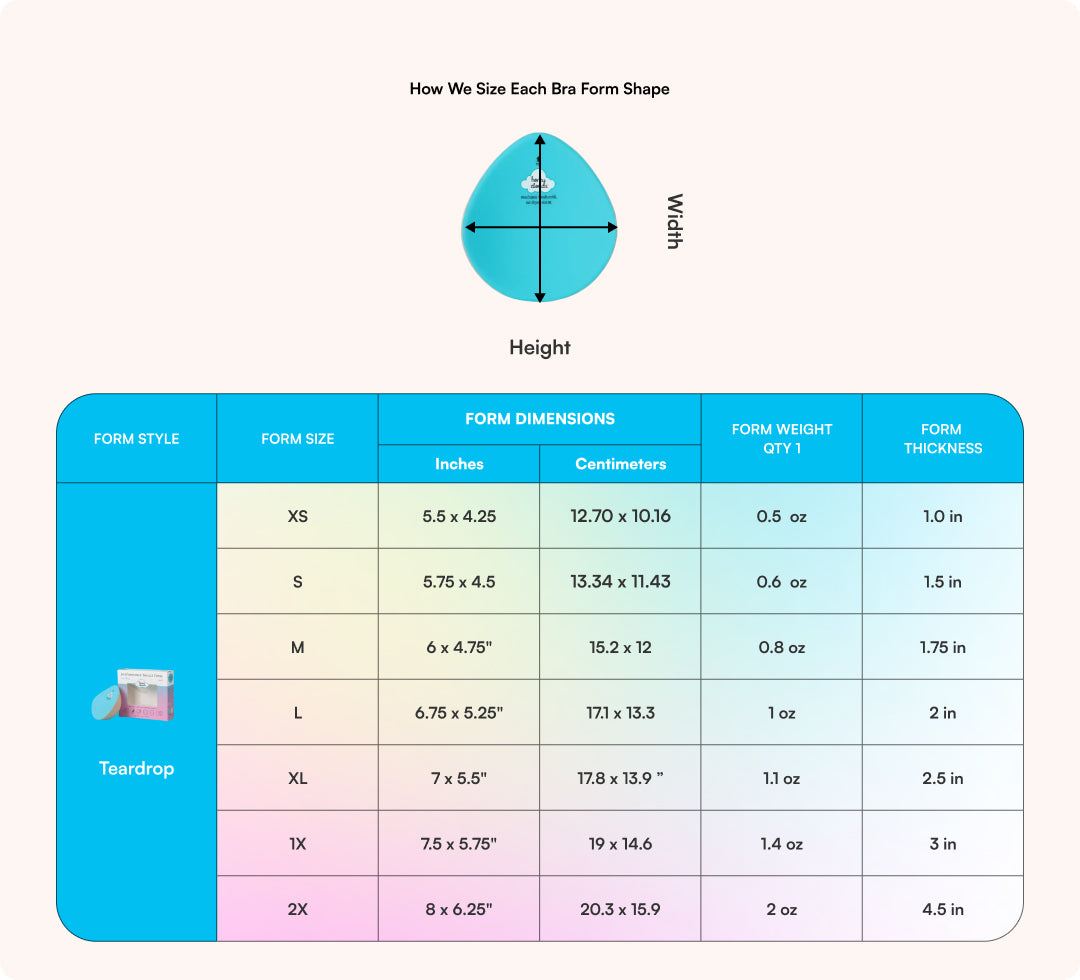 Teardrop Breast Form (Single) Post-Mastectomy insert dimensions