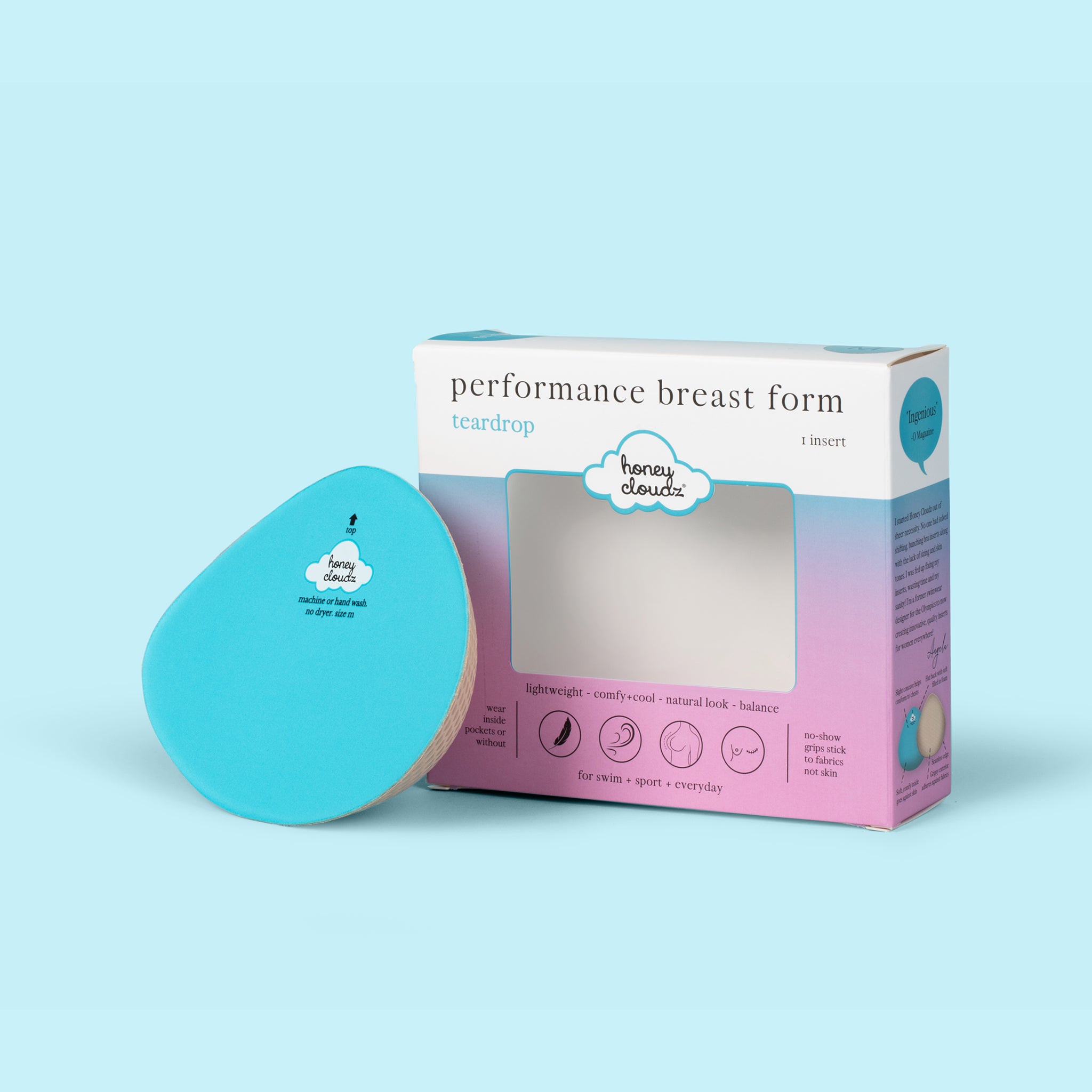 Honey Cloudz Teardrop Mastectomy Breast Form in beige with blue lining, designed for noticeable fullness and imbalance correction.