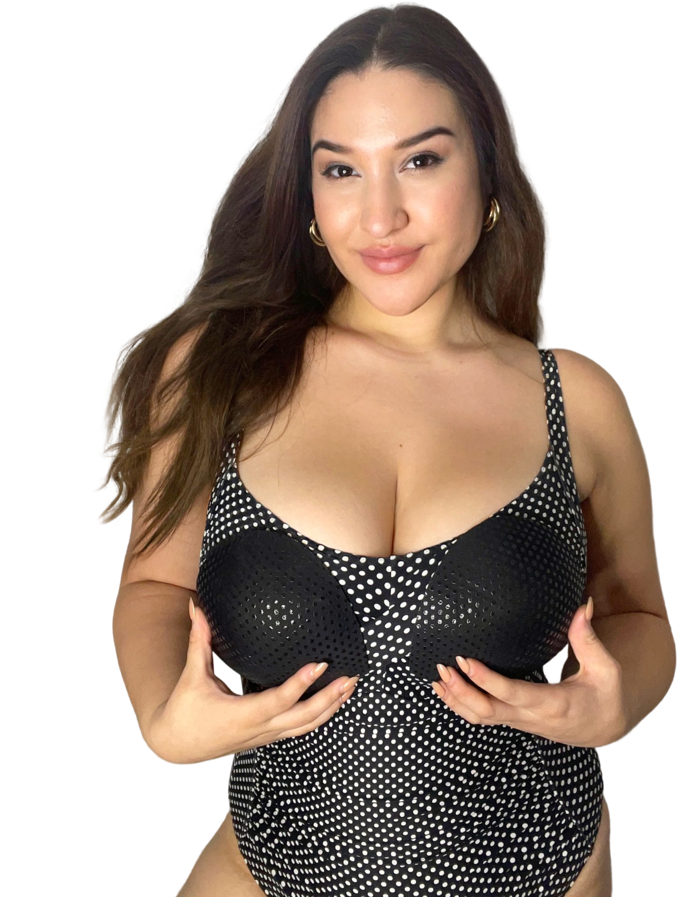 Woman wearing Honeycloudz bra inserts with hybrid grip technology, providing secure, comfortable, and reusable support.