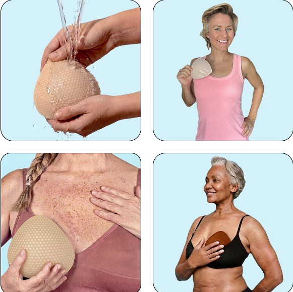 Women demonstrating Honeycloudz Half Moon bra pad inserts in different colors and styles, including sports bras and swimsuits