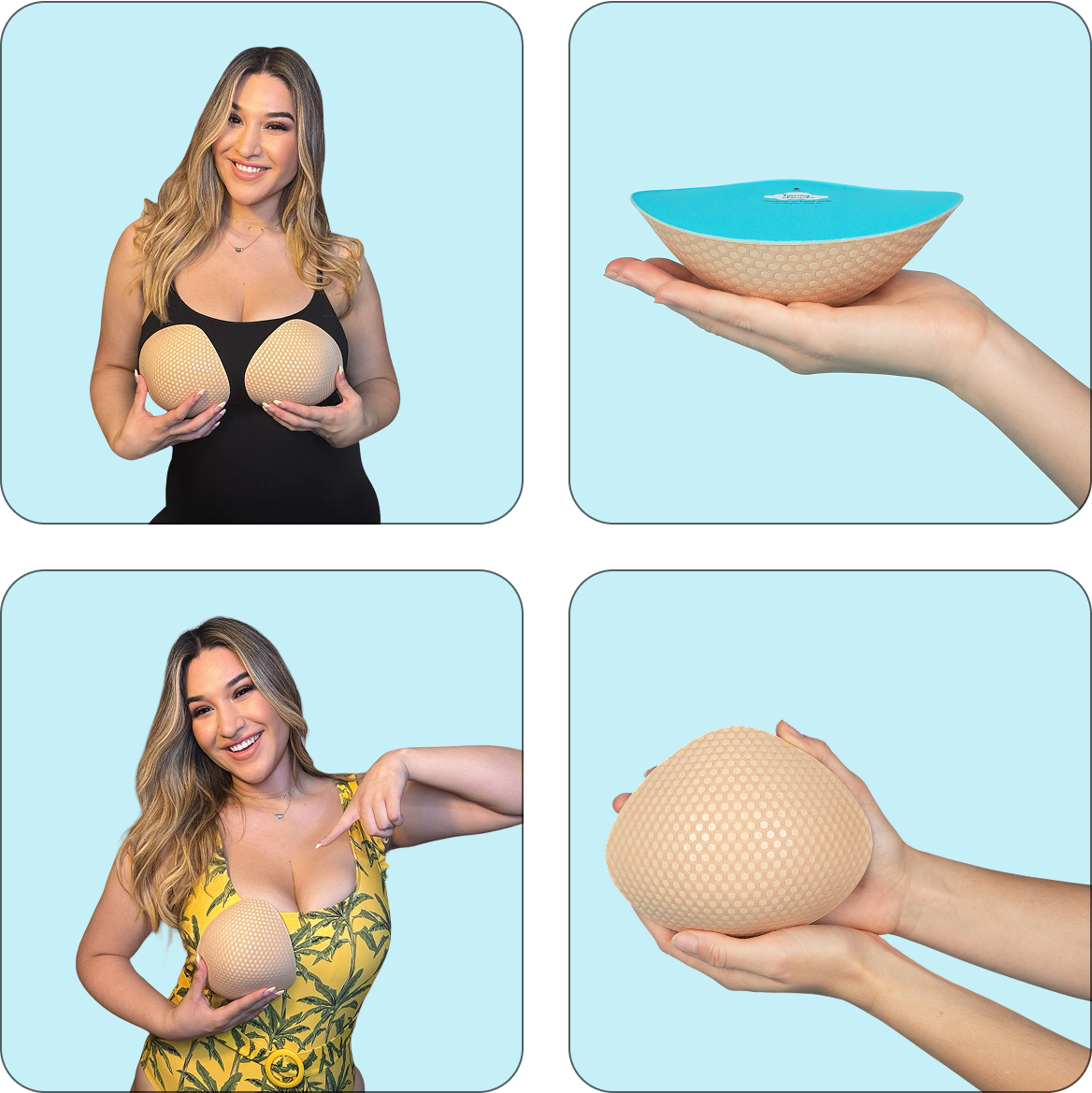 Women demonstrating Honeycloudz Half Moon bra pad inserts in different colors and styles, including sports bras and swimsuits