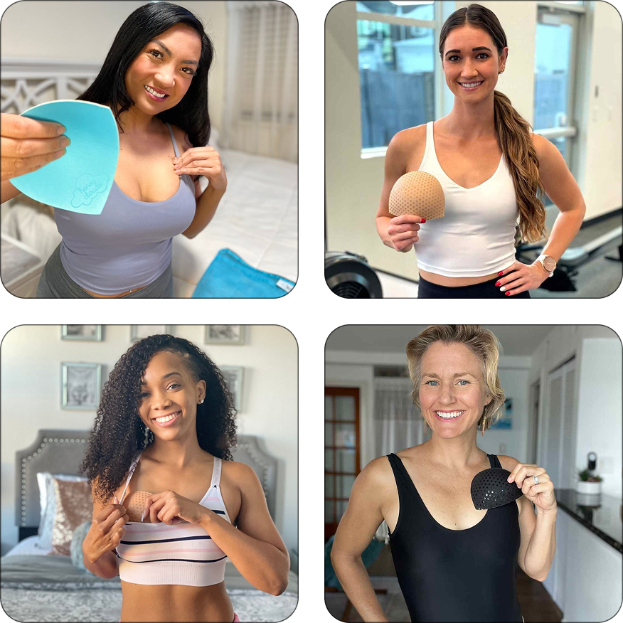 Women demonstrating Honeycloudz Half Moon bra pad inserts in different colors and styles, including sports bras and swimsuits