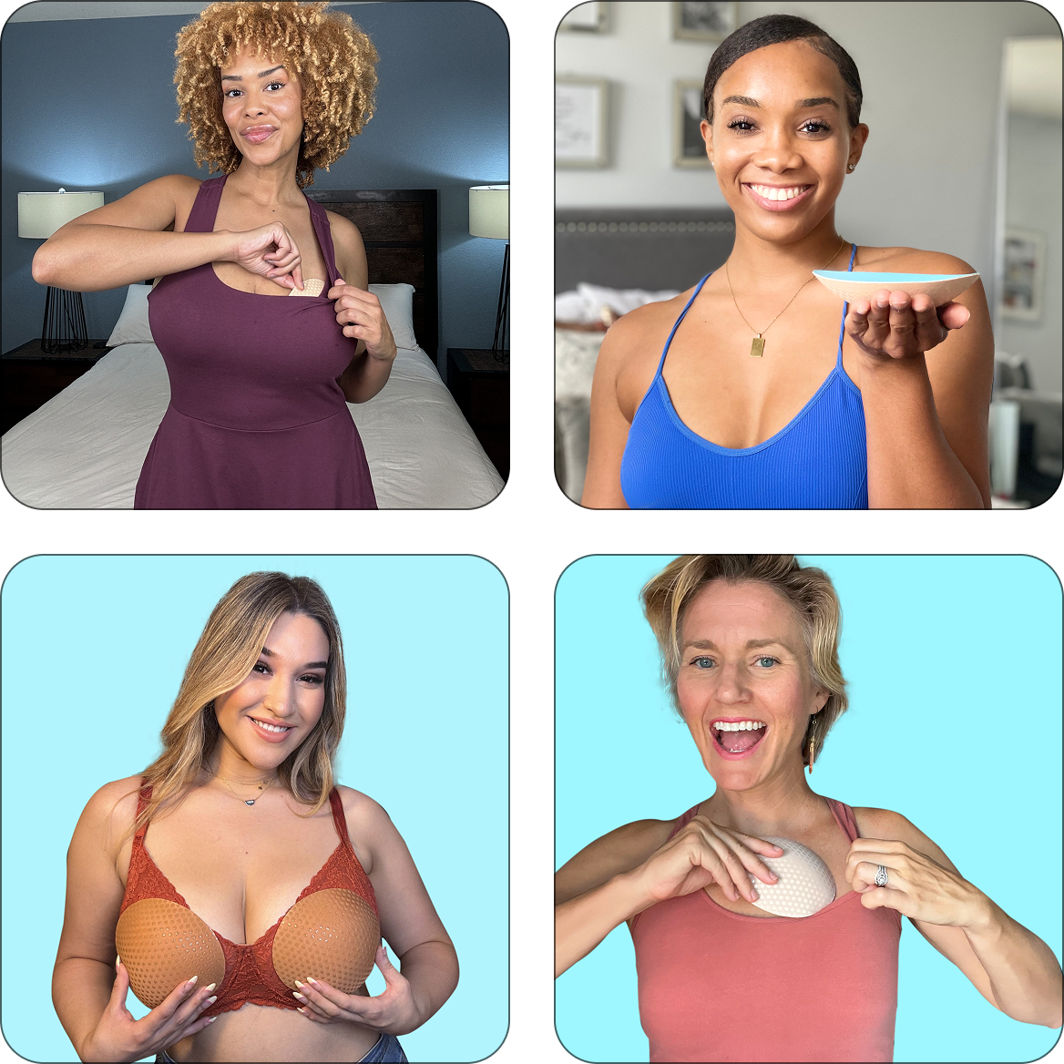 Women demonstrating Honeycloudz Half Moon bra pad inserts in different colors and styles, including sports bras and swimsuits