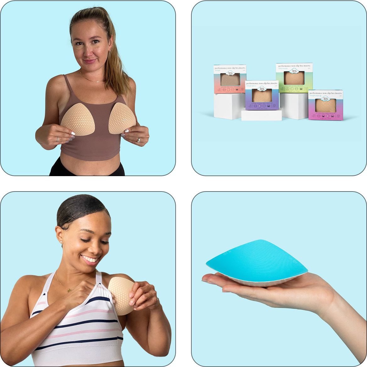 Women demonstrating Honeycloudz Half Moon bra pad inserts in different colors and styles, including sports bras and swimsuits