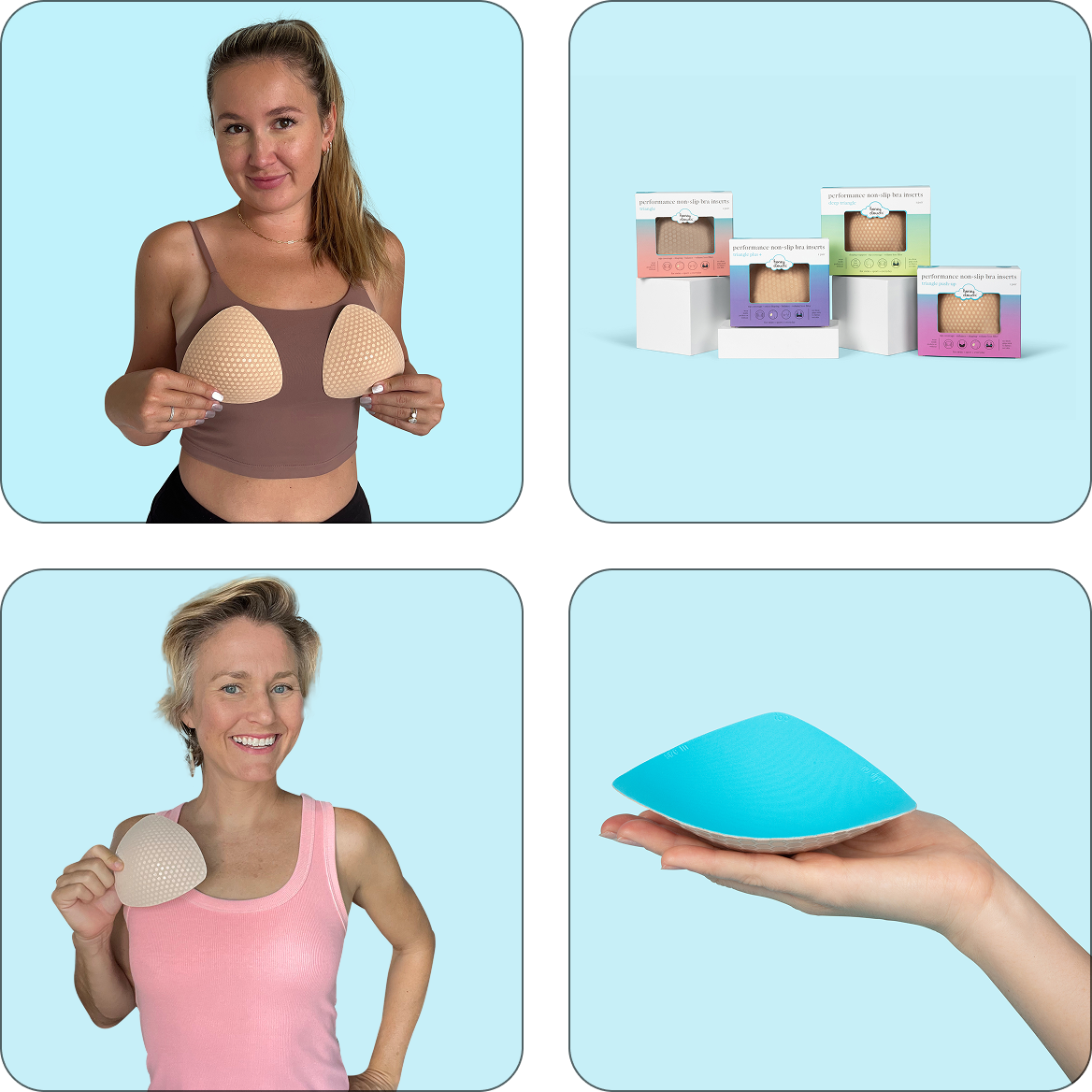 Women demonstrating Honeycloudz Half Moon bra pad inserts in different colors and styles, including sports bras and swimsuits