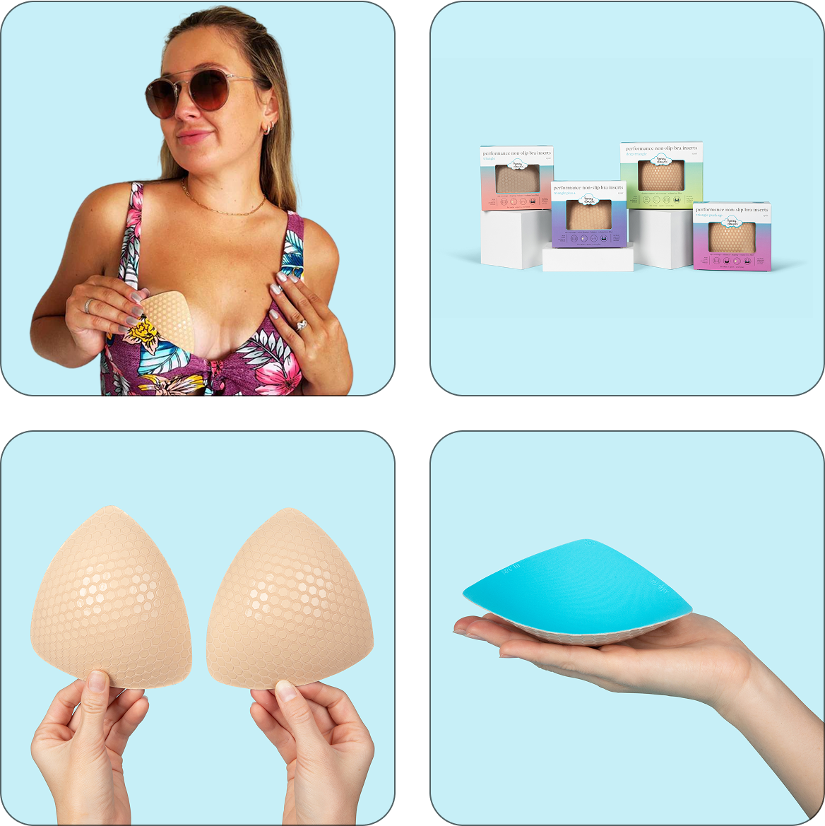 Women demonstrating Honeycloudz Half Moon bra pad inserts in different colors and styles, including sports bras and swimsuits