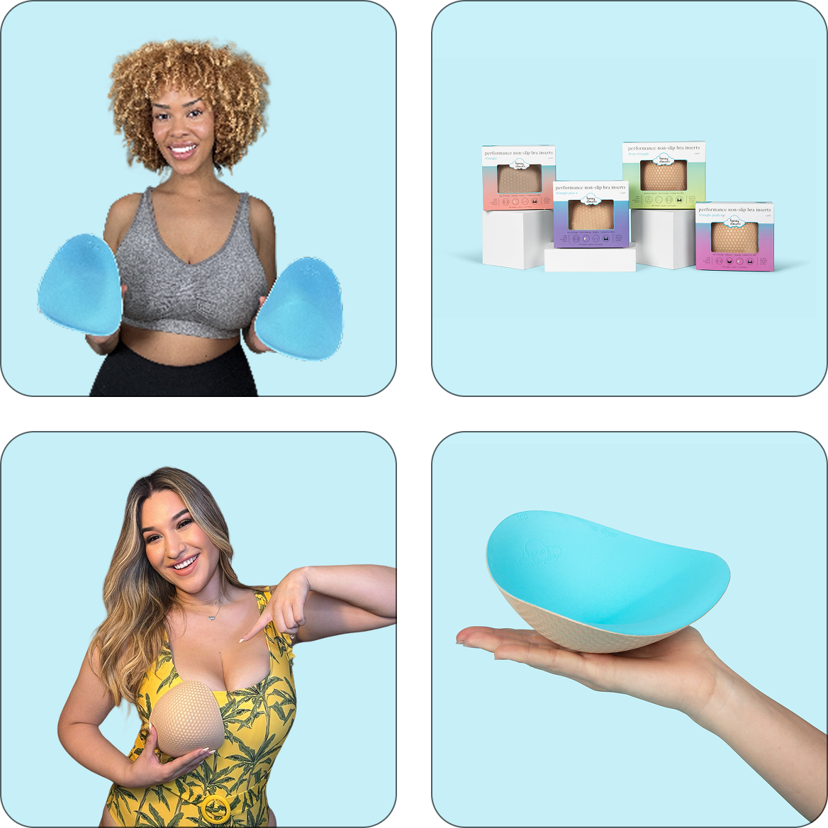 Women demonstrating Honeycloudz Half Moon bra pad inserts in different colors and styles, including sports bras and swimsuits