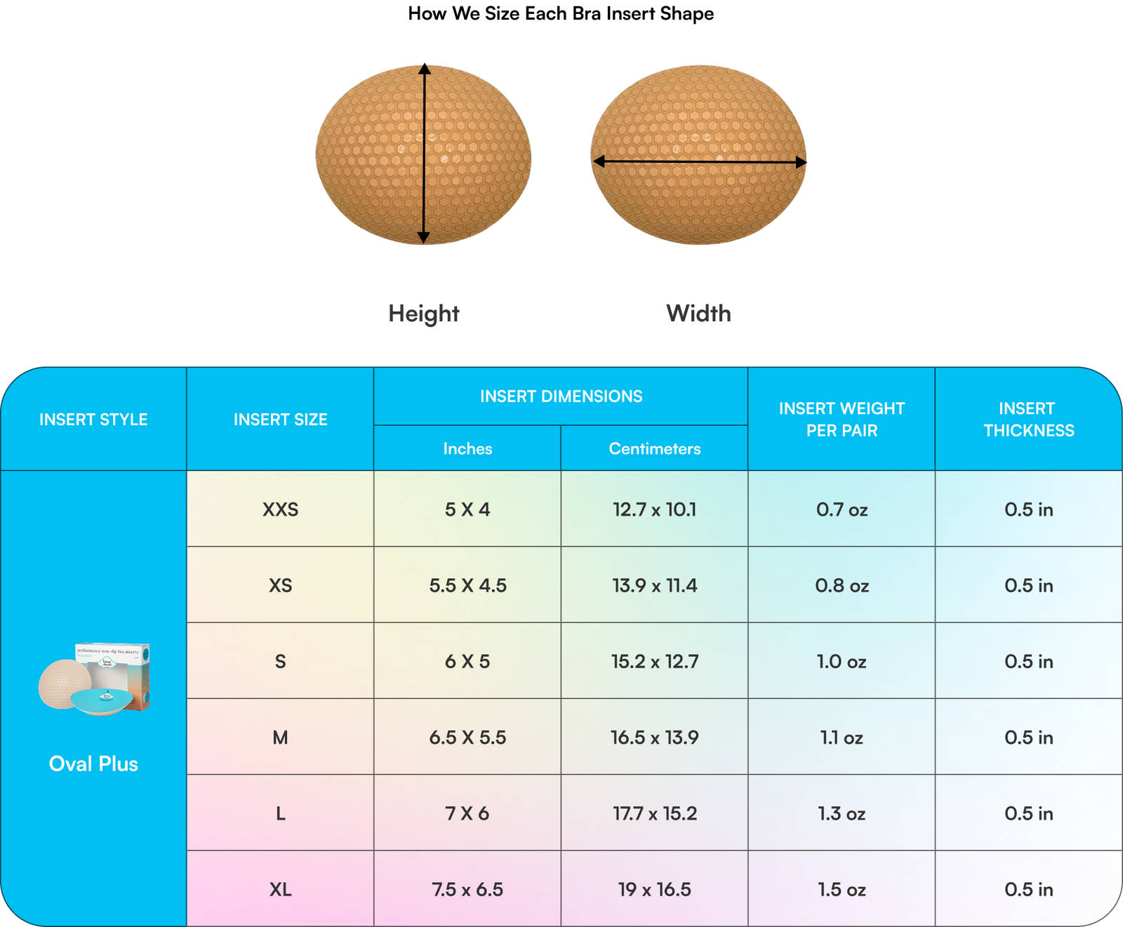 Oval Plus+ Bra Inserts insert dimensions