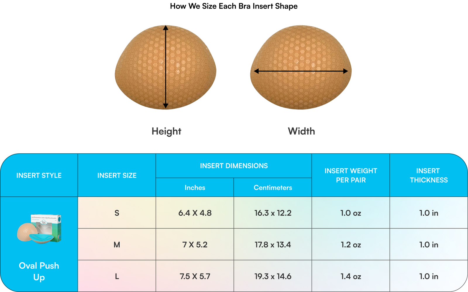 Oval Push-Up Bra Inserts insert dimensions