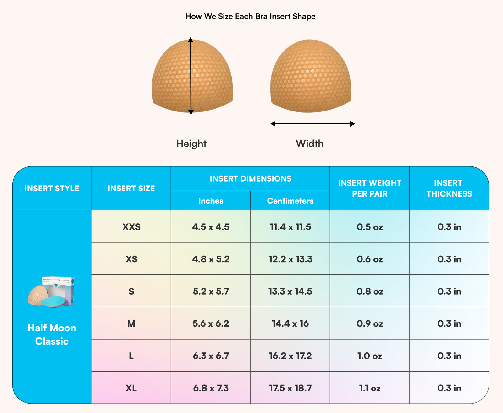 Half Moon Classic Bra Inserts insert dimensions