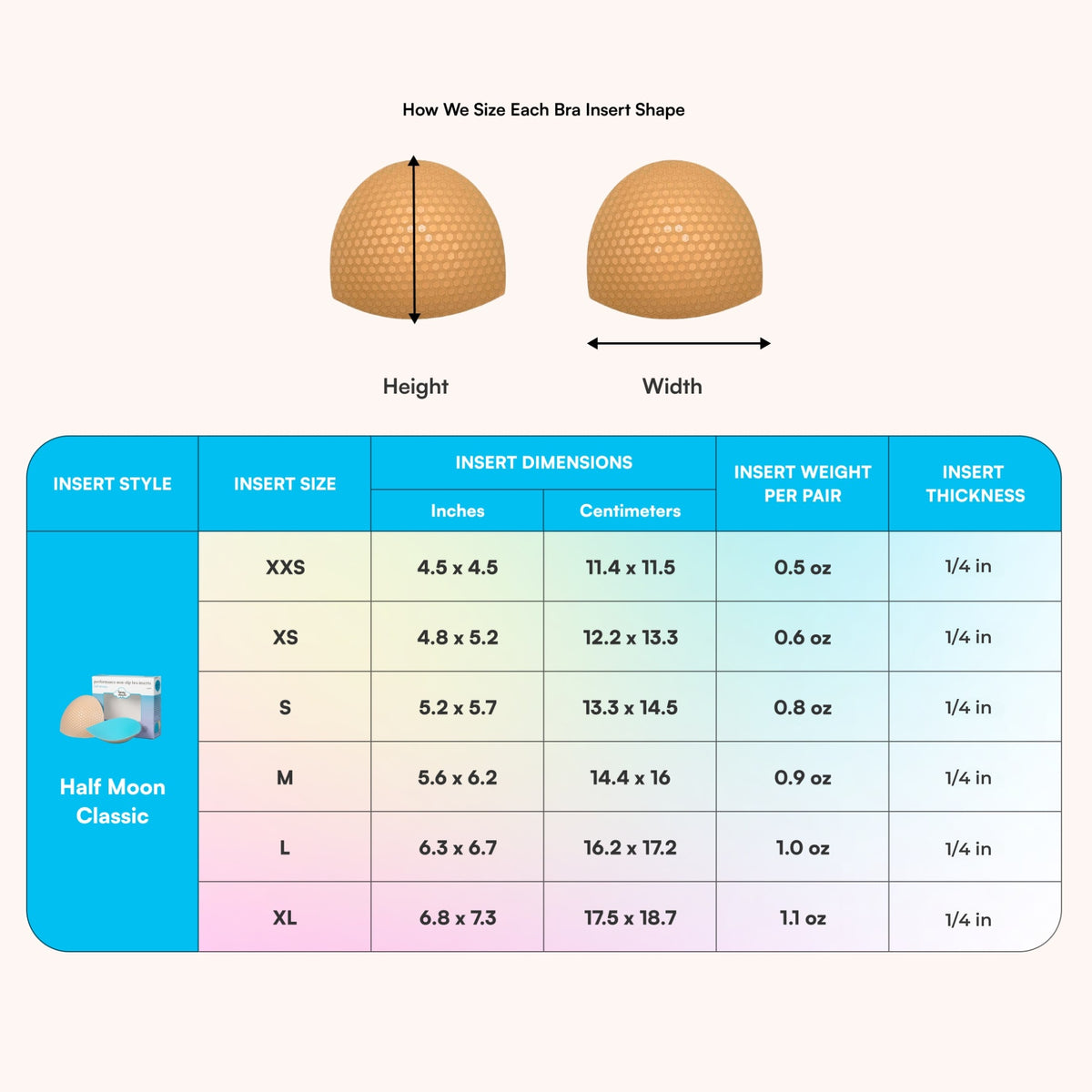 Half Moon Classic Bra Inserts insert dimensions