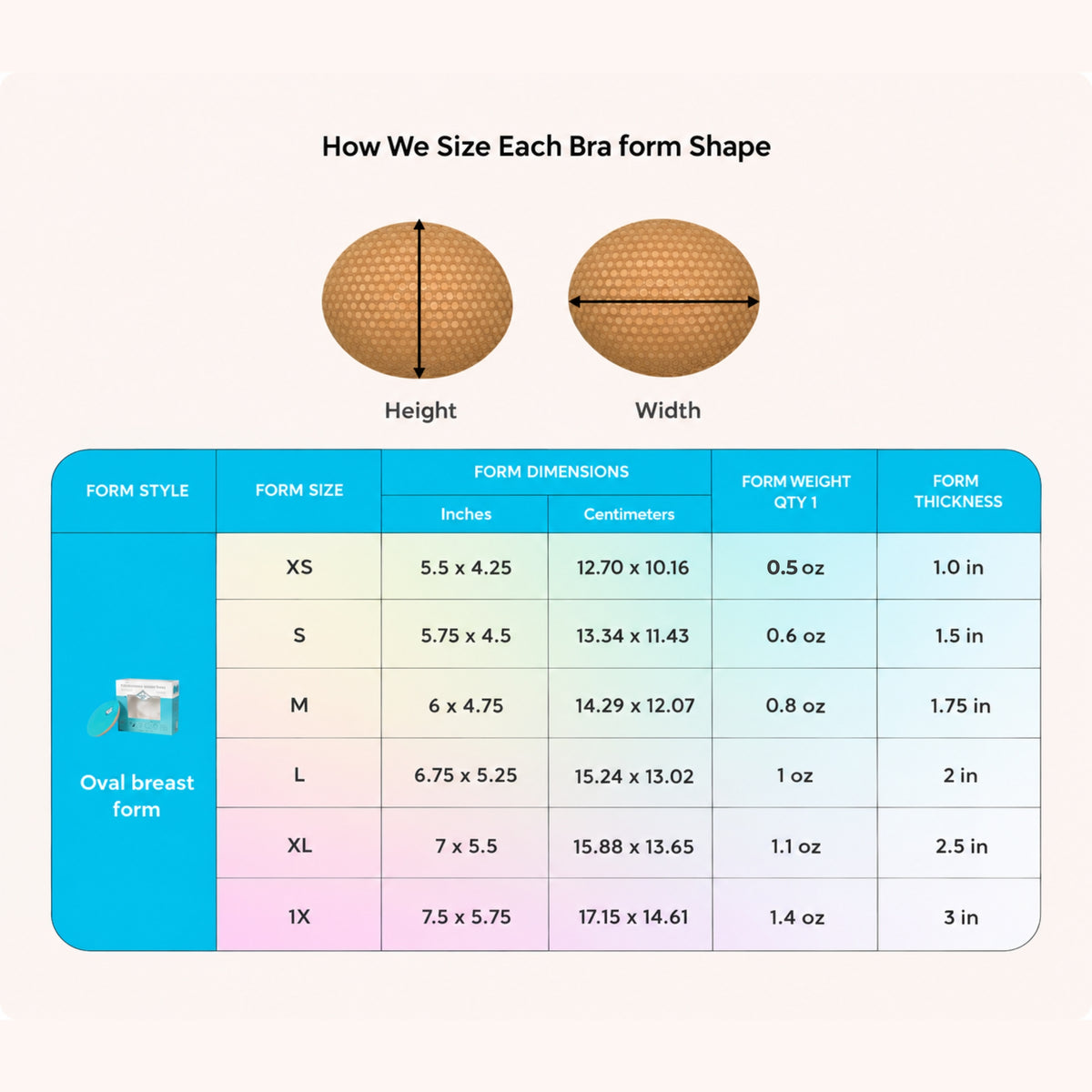 Oval Breast Form (Single) Post-Mastectomy insert dimensions