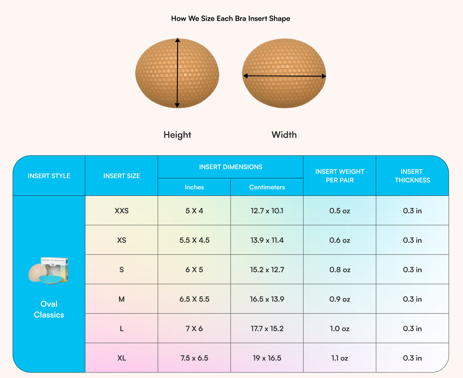 Oval Classic Bra Inserts insert dimensions
