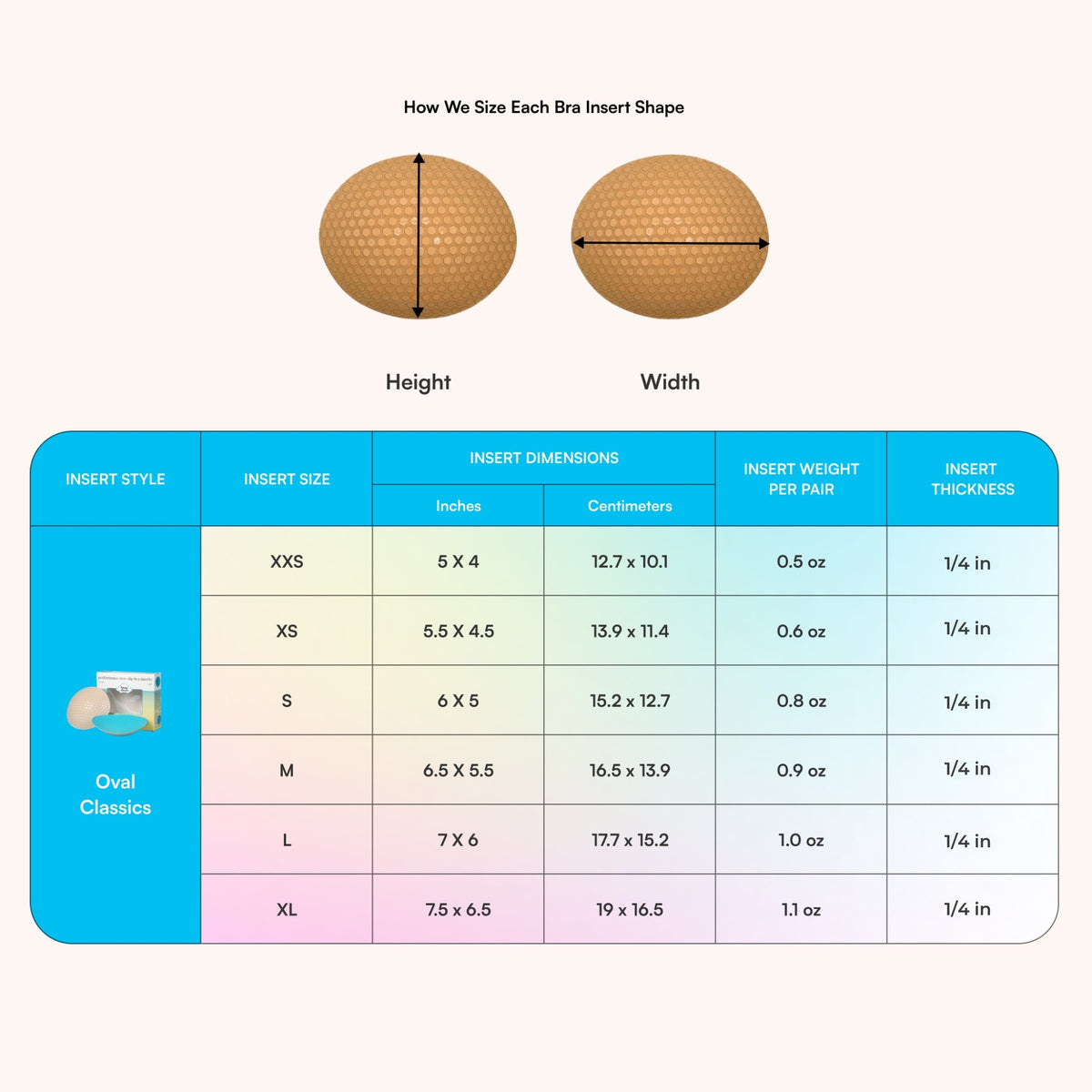 Oval Classic Bra Inserts insert dimensions