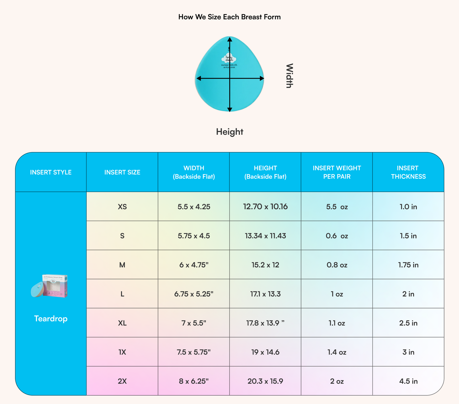 Teardrop Breast Form (Single) Post-Mastectomy insert dimensions