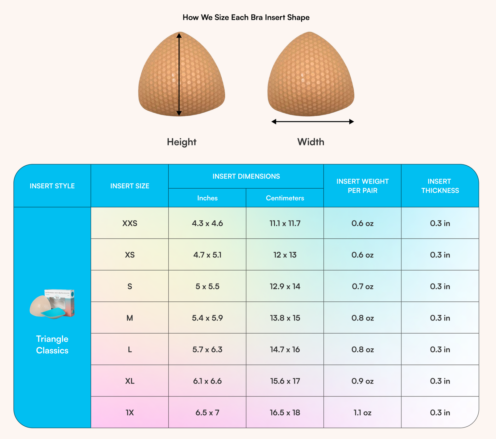 Triangle Classic Bra Inserts insert dimensions