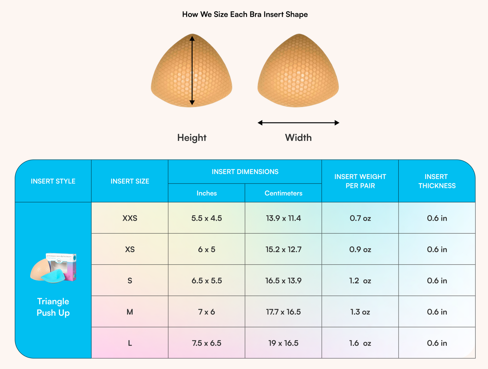 Triangle Push-Up Bra Inserts insert dimensions